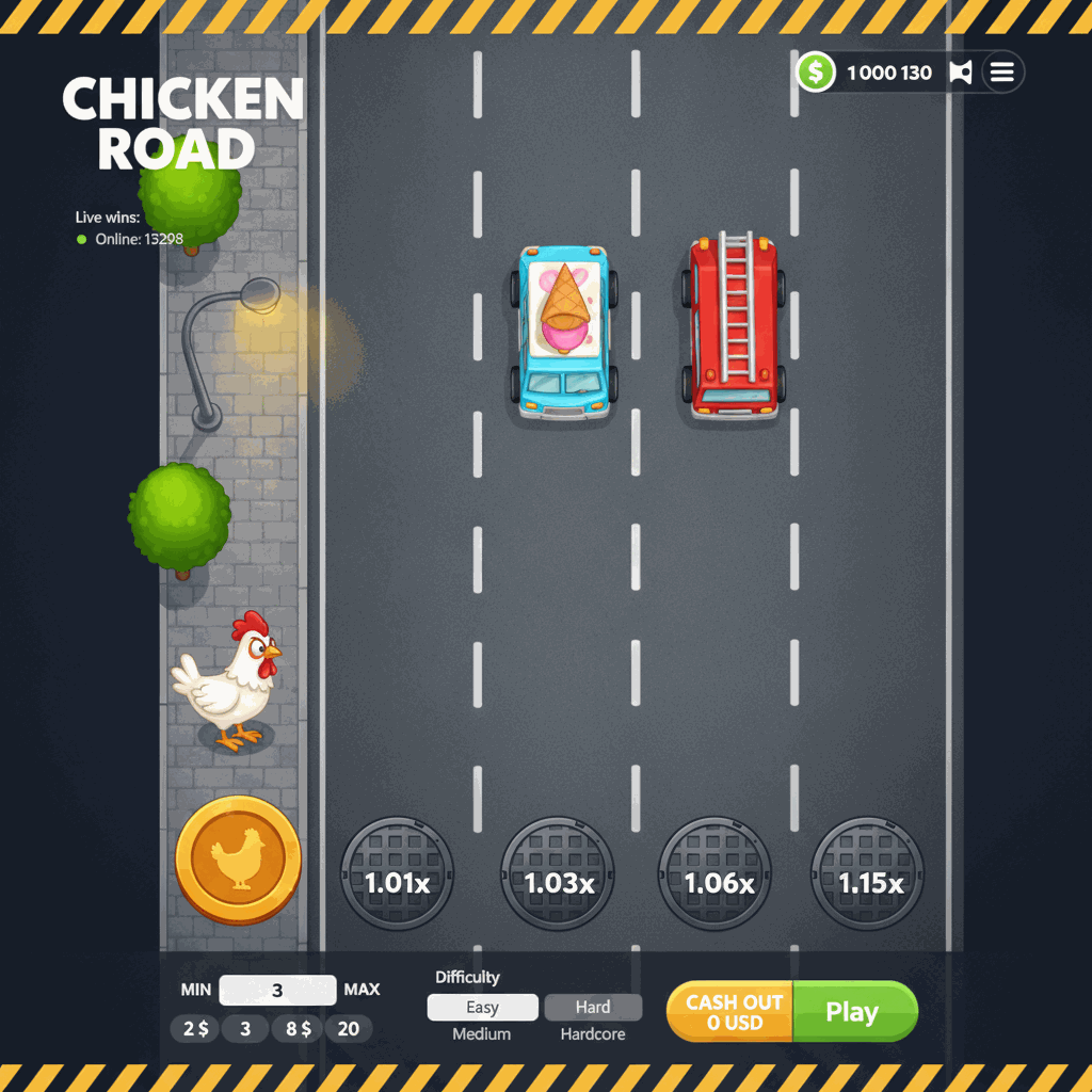 Chicken Road crash game by InOut showing a cartoon chicken character crossing a multi-lane asphalt road with cars, lane multipliers displayed as manhole covers, and urban scenery including trees and a street lamp on the starting sidewalk