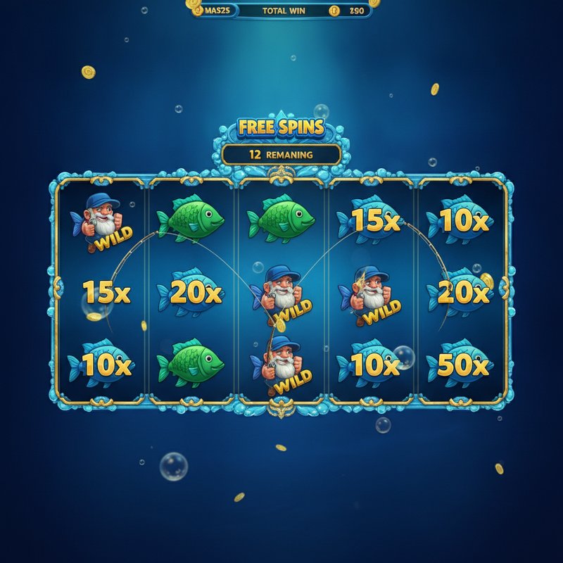 Fishin Frenzy free games feature with fisherman wild catching fish prize values on the reels