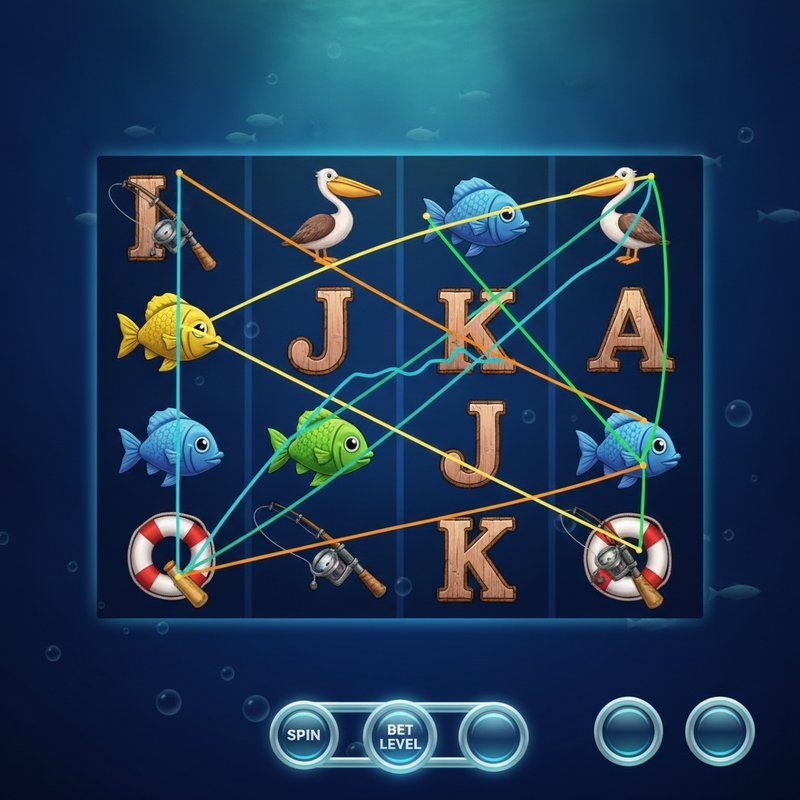 Fishin Frenzy gameplay screen with active coloured paylines across the 5x3 reel grid