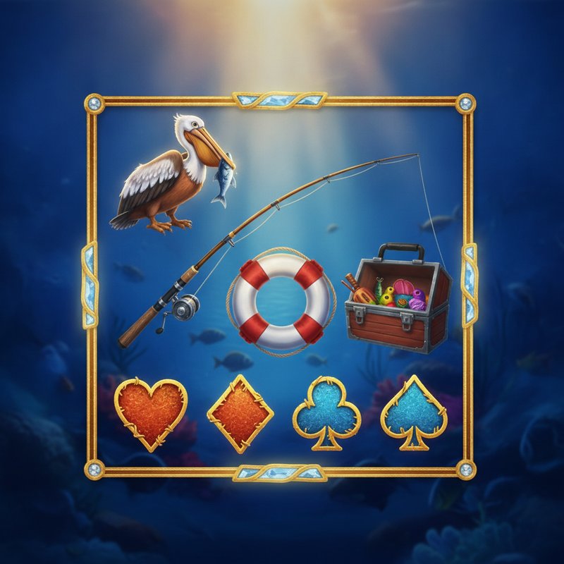Fishin Frenzy paytable showing pelican, fishing rod, life preserver, tackle box and card symbol payouts